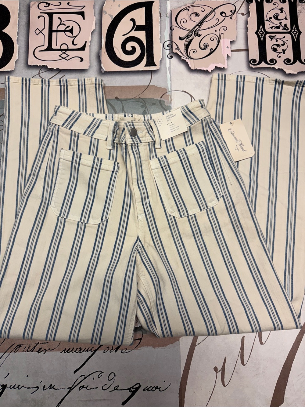 Universal Thread Cream and Blue Striped Straight-Leg Jeans